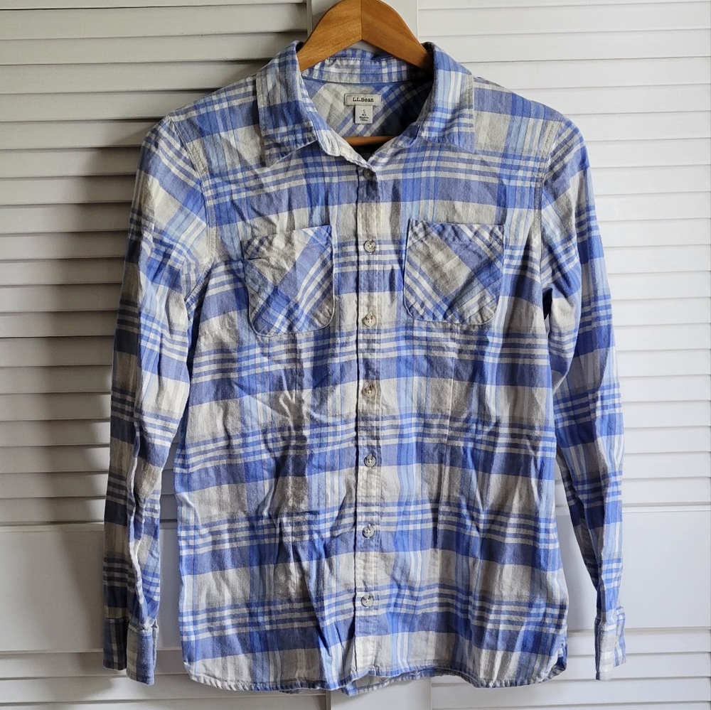 L.L. BEAN Womens Blue Plaid Flannel Button Down Shirt Small